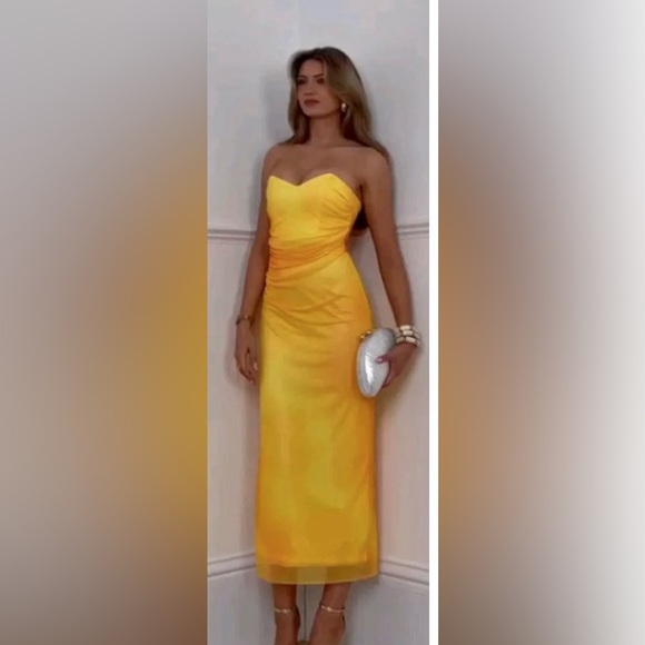 Zara NWT yellow orange tie dye printed tulle midi draped ruched sweetheart dress - Picture 16 of 16